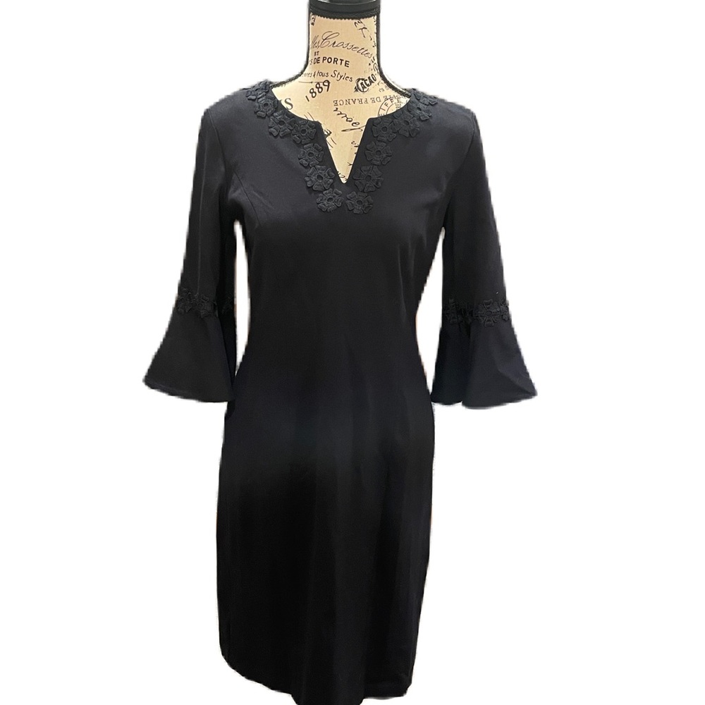 Black Talbots dress size 4 with flared 3/4 sleeves and floral accents